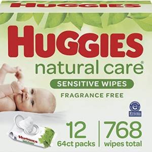Baby Wipes, Huggies Natural Care Sensitive Baby Diaper Wipes, Unscented, Hypoallergenic, 12 Flip-Top Packs (768 Wipes Total)