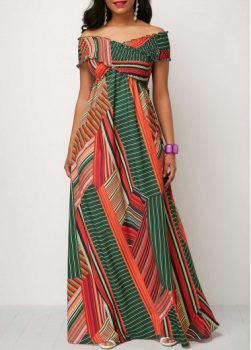 Off the Shoulder Shirred Detail Printed Maxi Dress