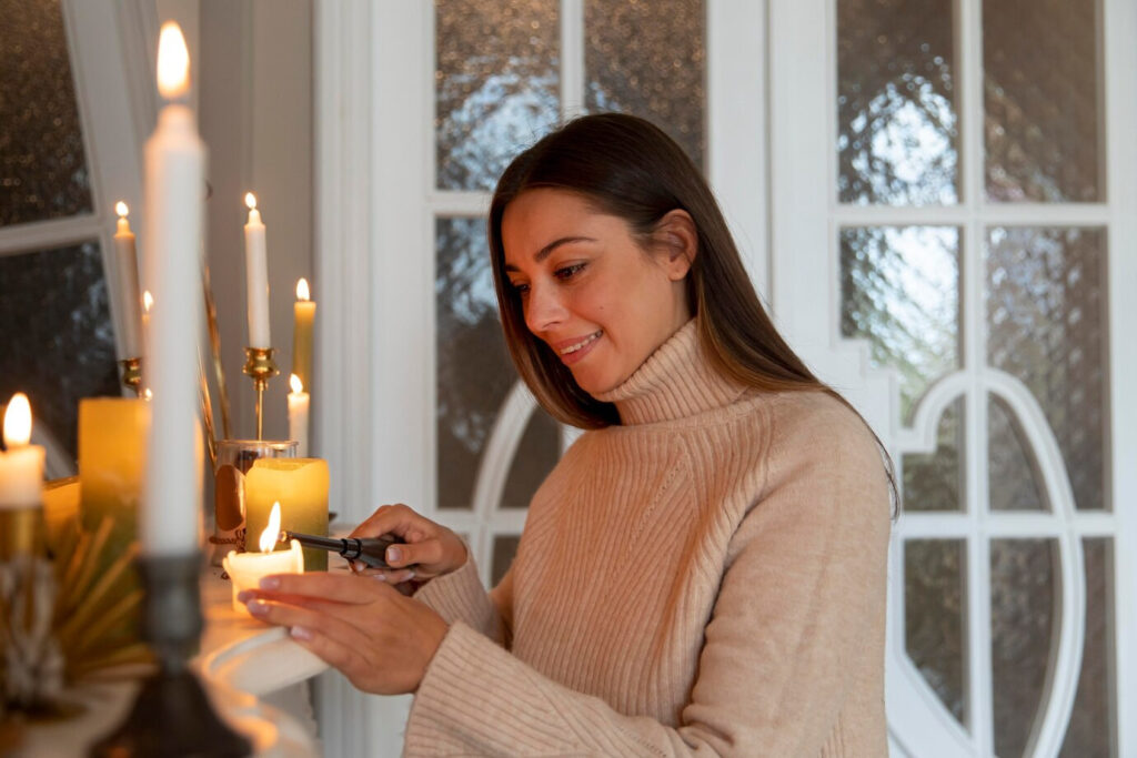 Woman praying with lit candle