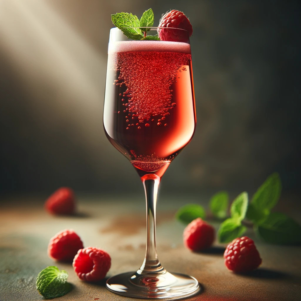A Kir Royale cocktail with raspberries and mint garnish