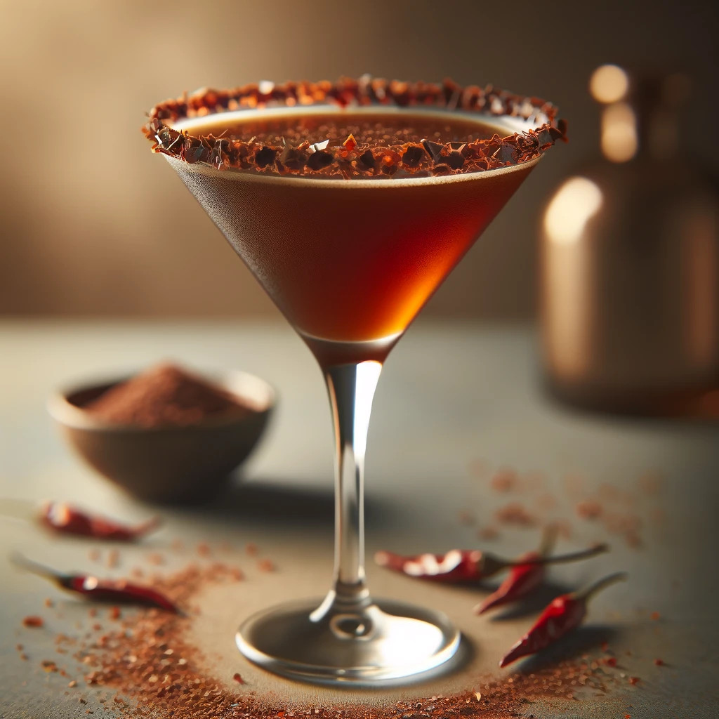 Brown martini cocktail with chili-rimmed glass and chocolate shavings