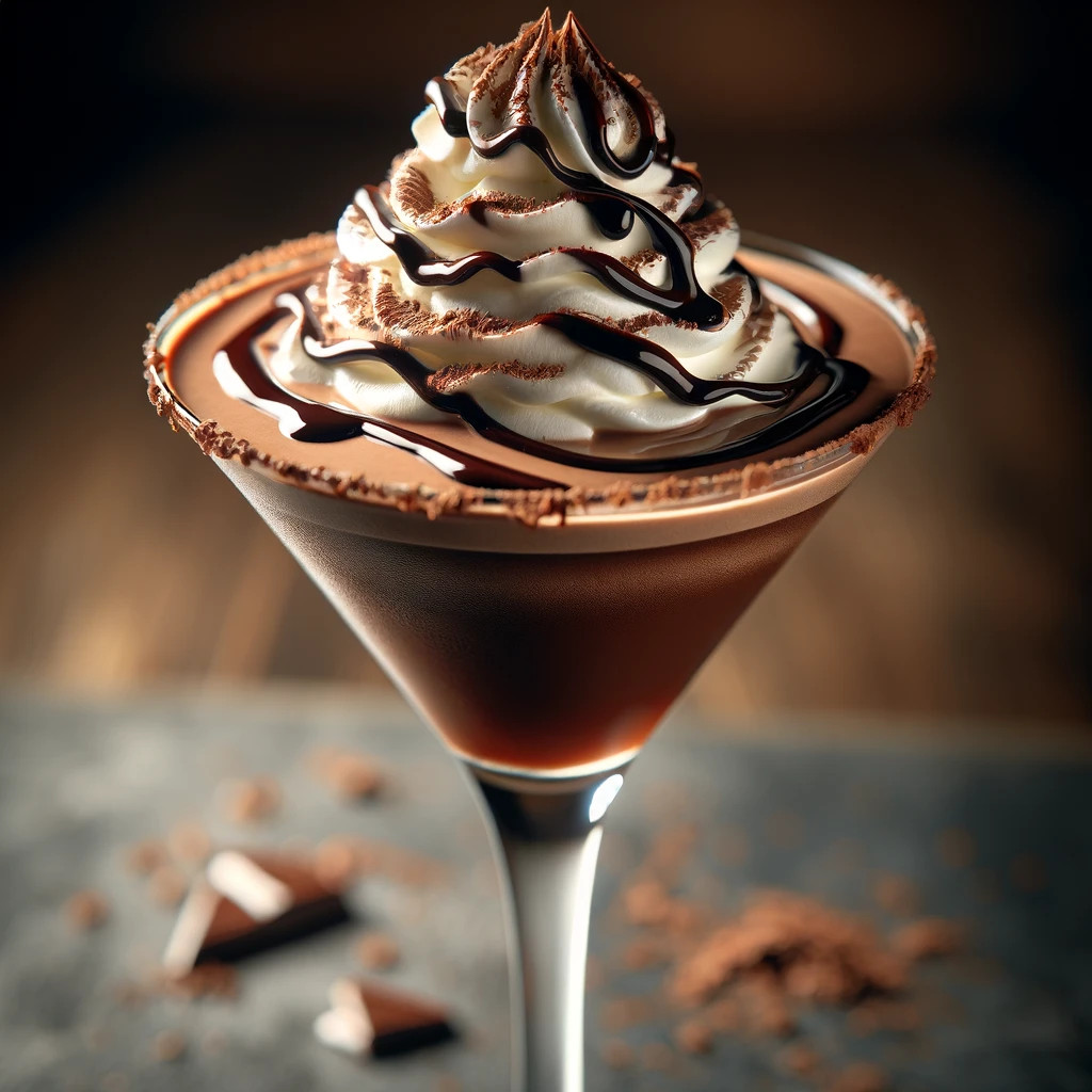 Chocolate martini topped with whipped cream and chocolate drizzle
