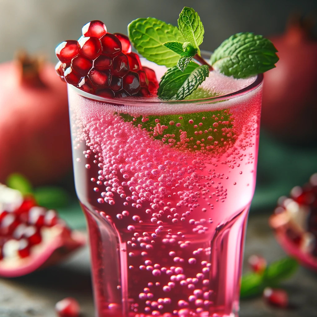 Fizzy pink pomegranate punch mocktail with mint garnish
