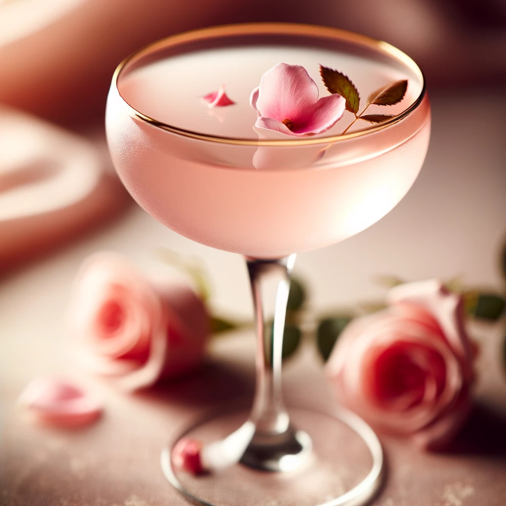 Light pink rosewater cocktail with rose petal garnish