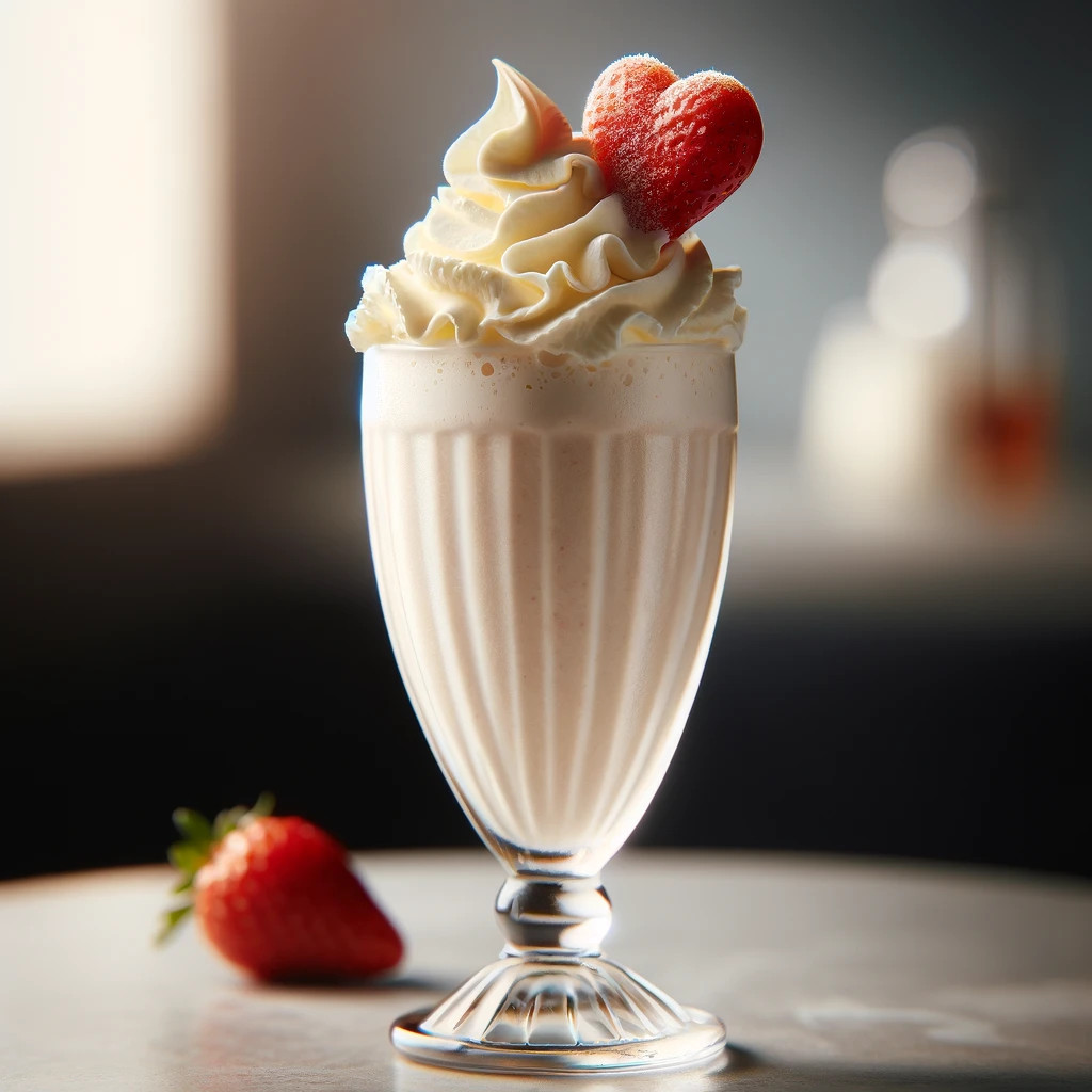 Milkshake cocktail topped with whipped cream and heart shaped strawberry