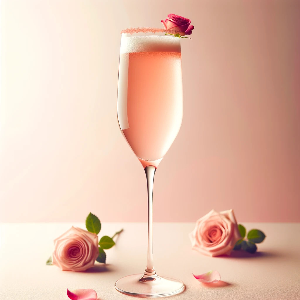 Rosé champagne Bellini cocktail with rose petal garnish