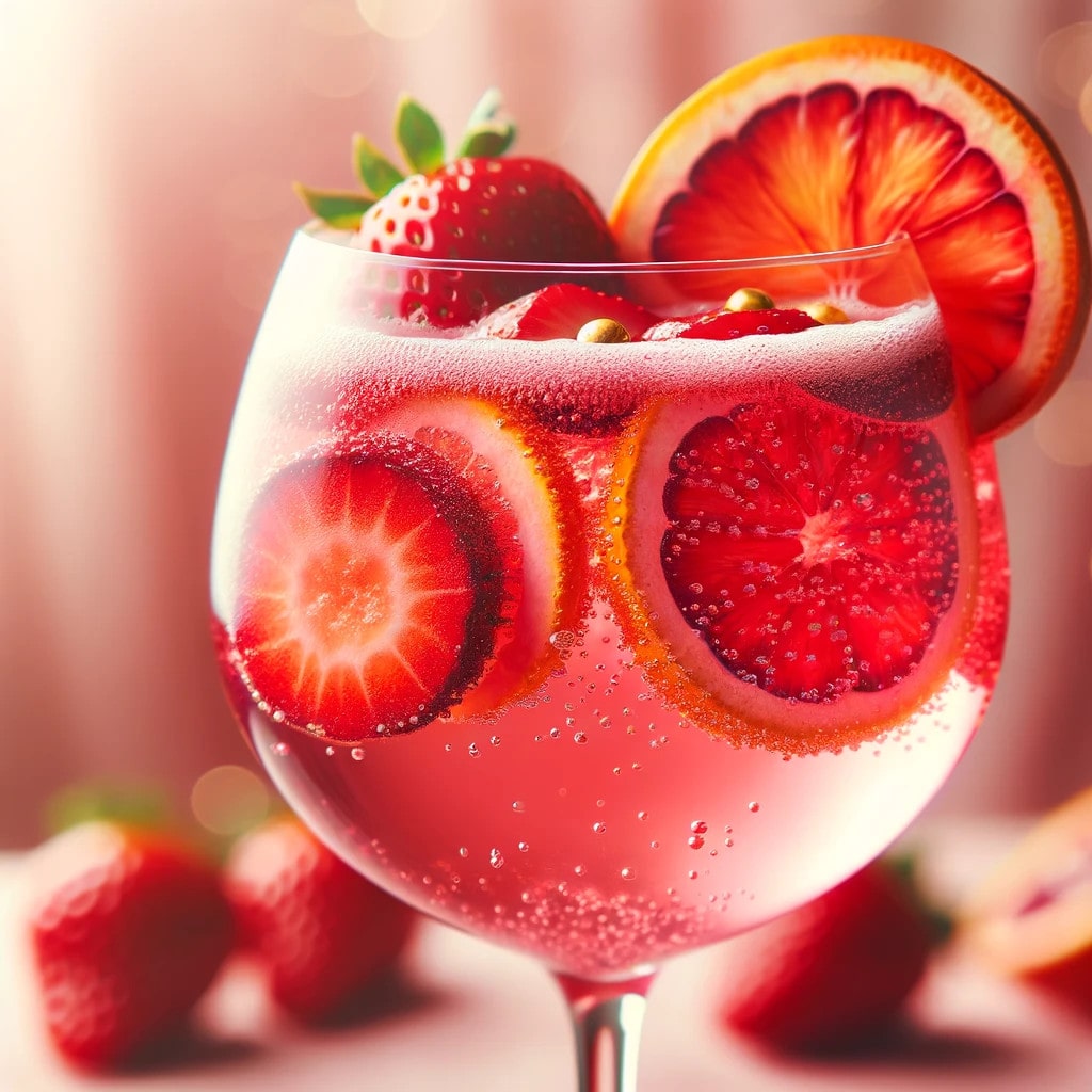 pink sangria cocktail with strawberries and blood orange slices