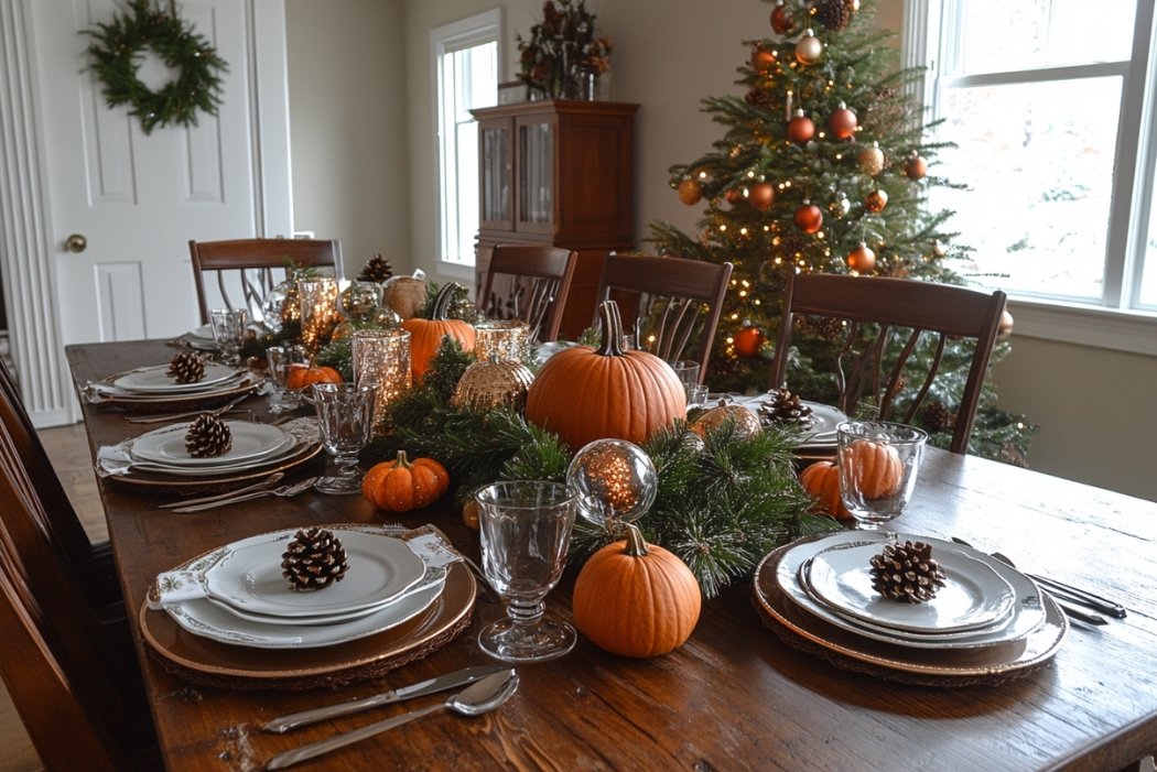 thanksgiving dinner with christmas decorations